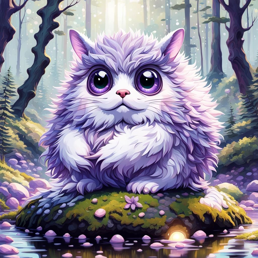 Cute Violet Creature in Hyperdetailed Creek Scene