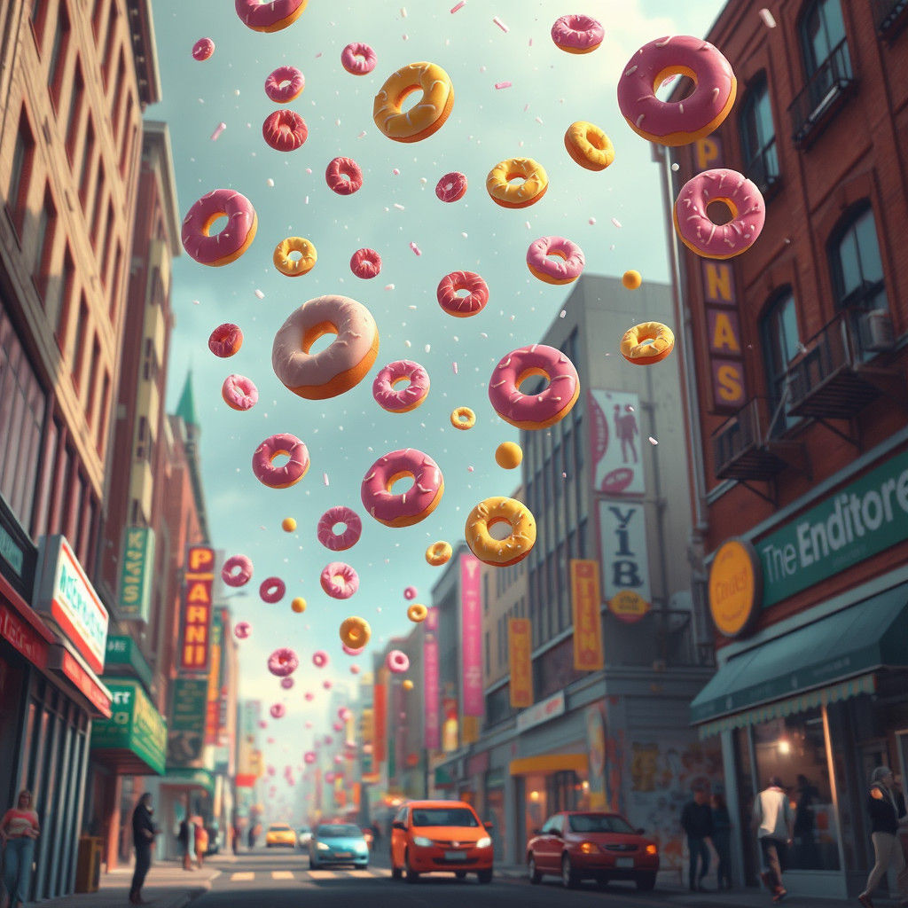 Doughnut Rain in Retro-Futuristic Cityscape