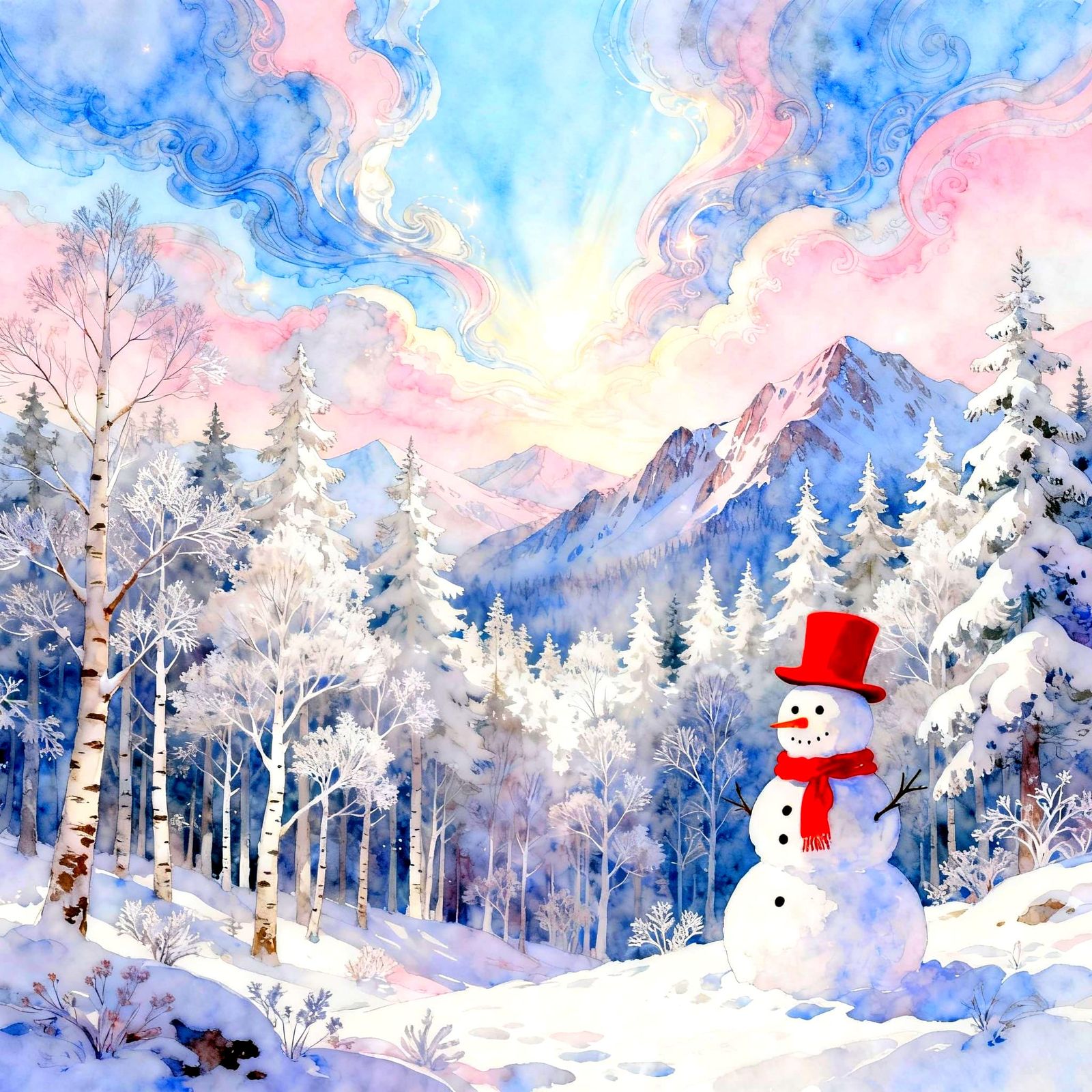 Enchanting Winter Landscape with Snowman Storybook Illustrat...