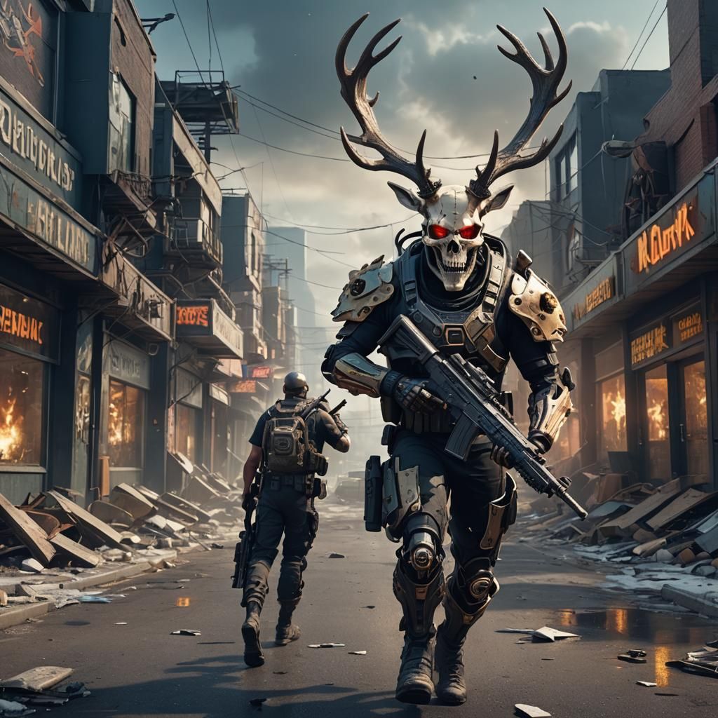 Cyborg Soldier with Antlers in Post-Apocalyptic Scene