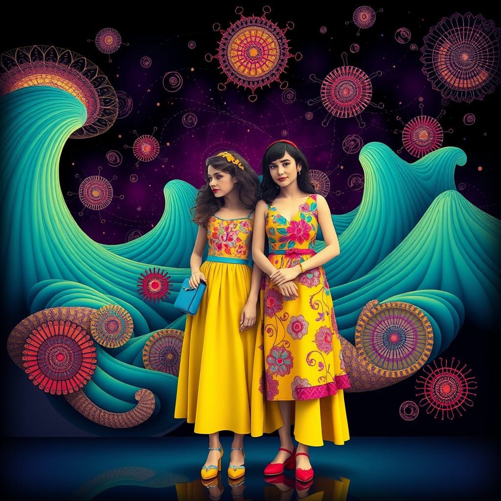 Two Figures Surrounded by Abstract Fractal Patterns