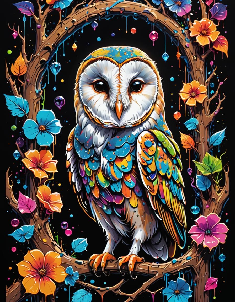 Blacklight Barn Owl Poster with Crystals