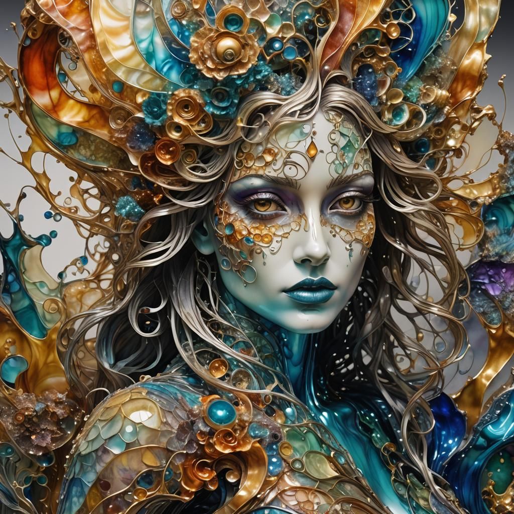 Translucent Metallic 4D Sculpture with Watercolor Overlay