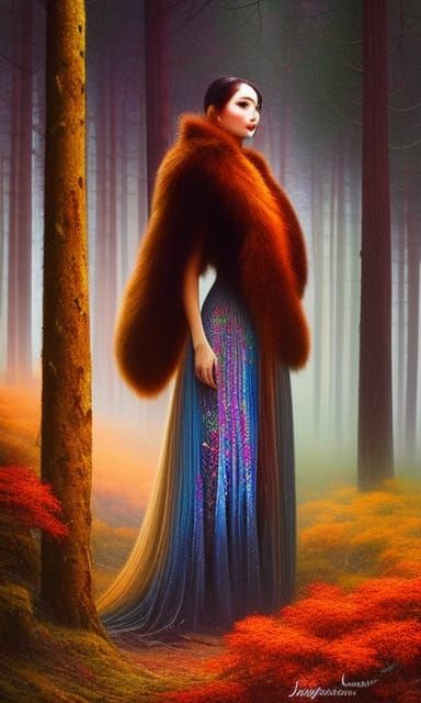 Pilgrim Woman in a Fairytale Forest with Birds