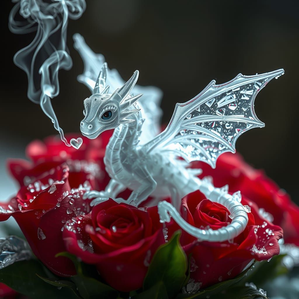 Miniature Ice Dragon Sits Amongst Fresh Red Roses in Whimsic...
