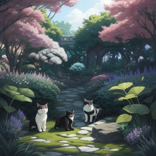 Baby Cats Play in Magical Anime Garden