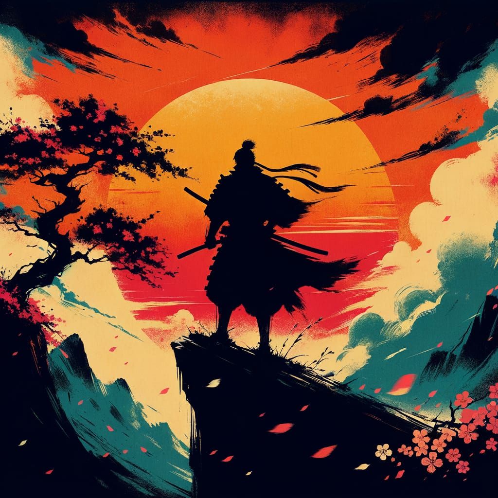 Samurai Silhouette at Sunset Cliff Edge in Sumi-e Style