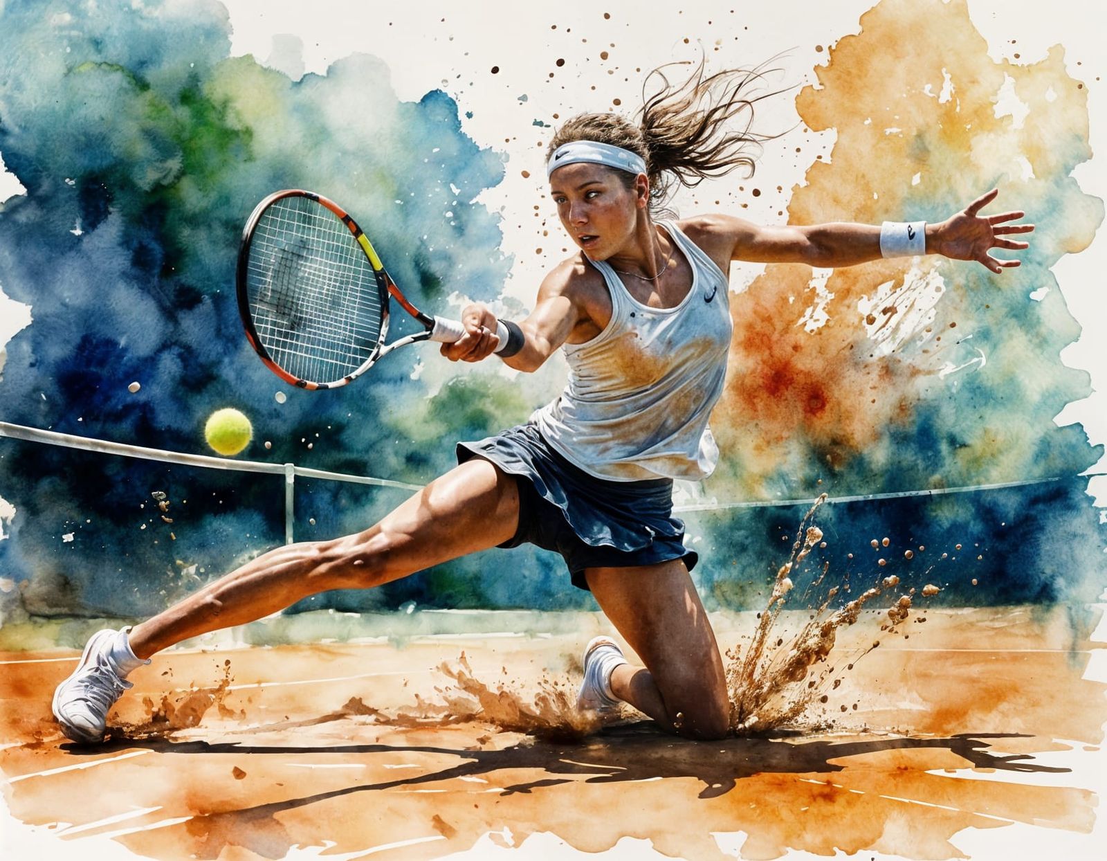 Tennis Player Dive: Watercolor Double Exposure