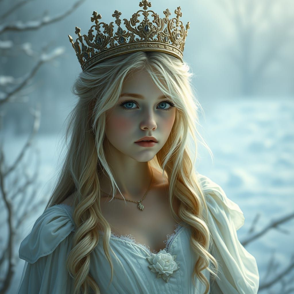 Teenage Queen in Snowy Landscape, Pre-Raphaelite Style