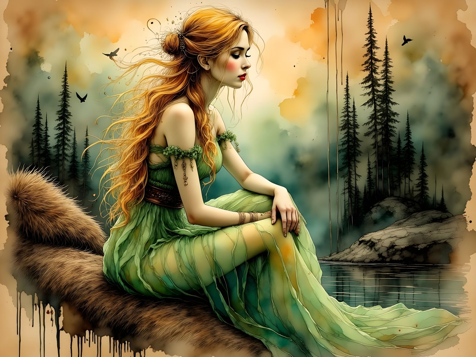 Ethereal Norse Goddess in Ink and Watercolor