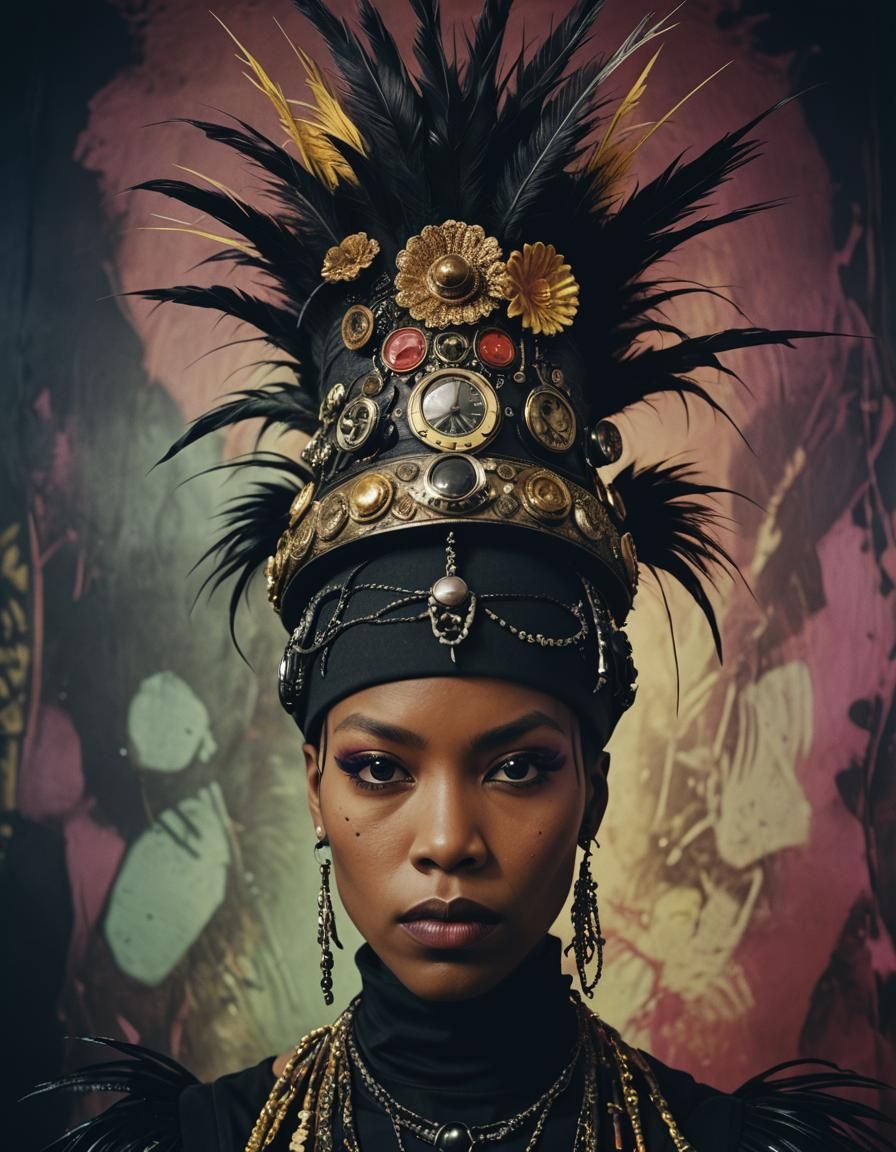 Punk Woman with Feathered Hat, Cinematic Portrait