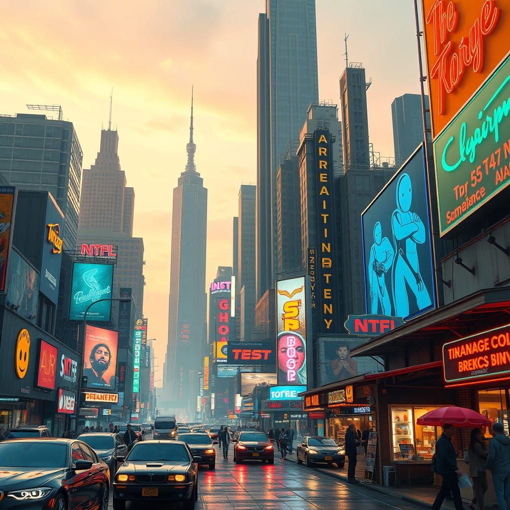 Cyberpunk Cityscape with Neon Lights and Robotics