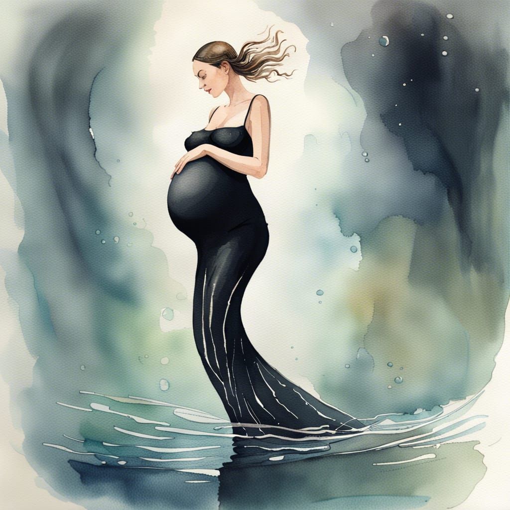 Pregnant Woman Swimming Underwater in Watercolor Style