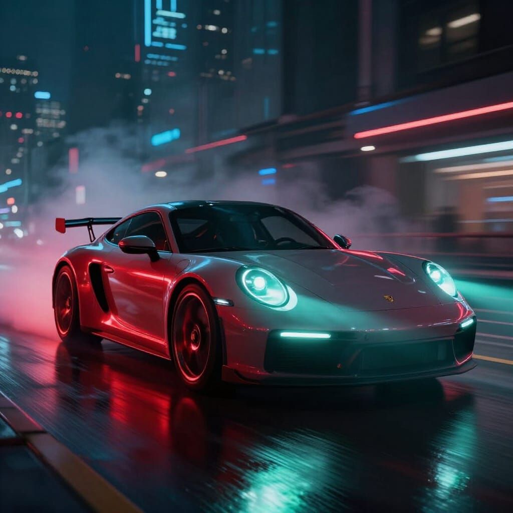 Cyberpunk Porsche with Neon Lights in City Night