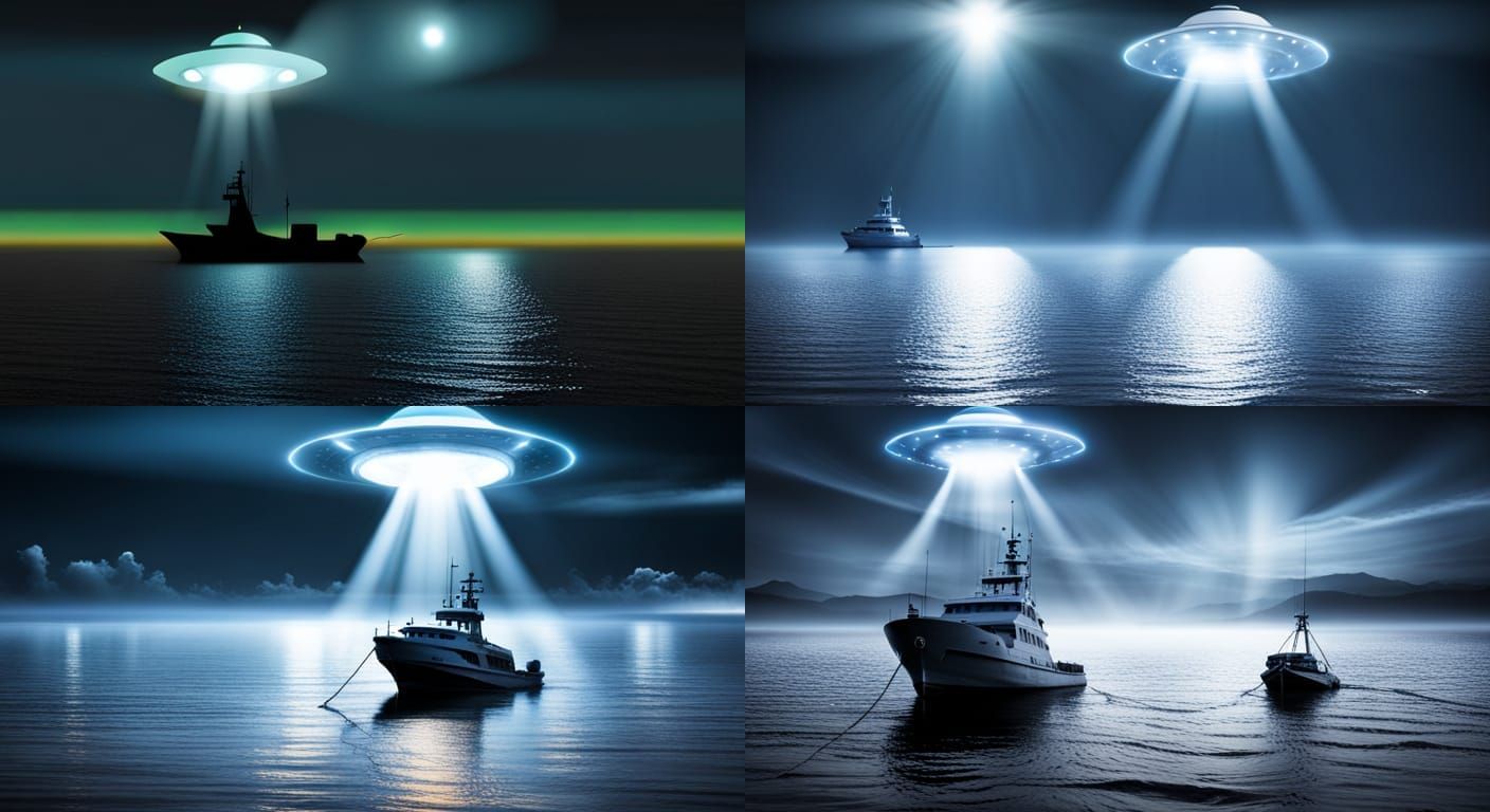 UFO Searchlights Over Fishing Boat at Night