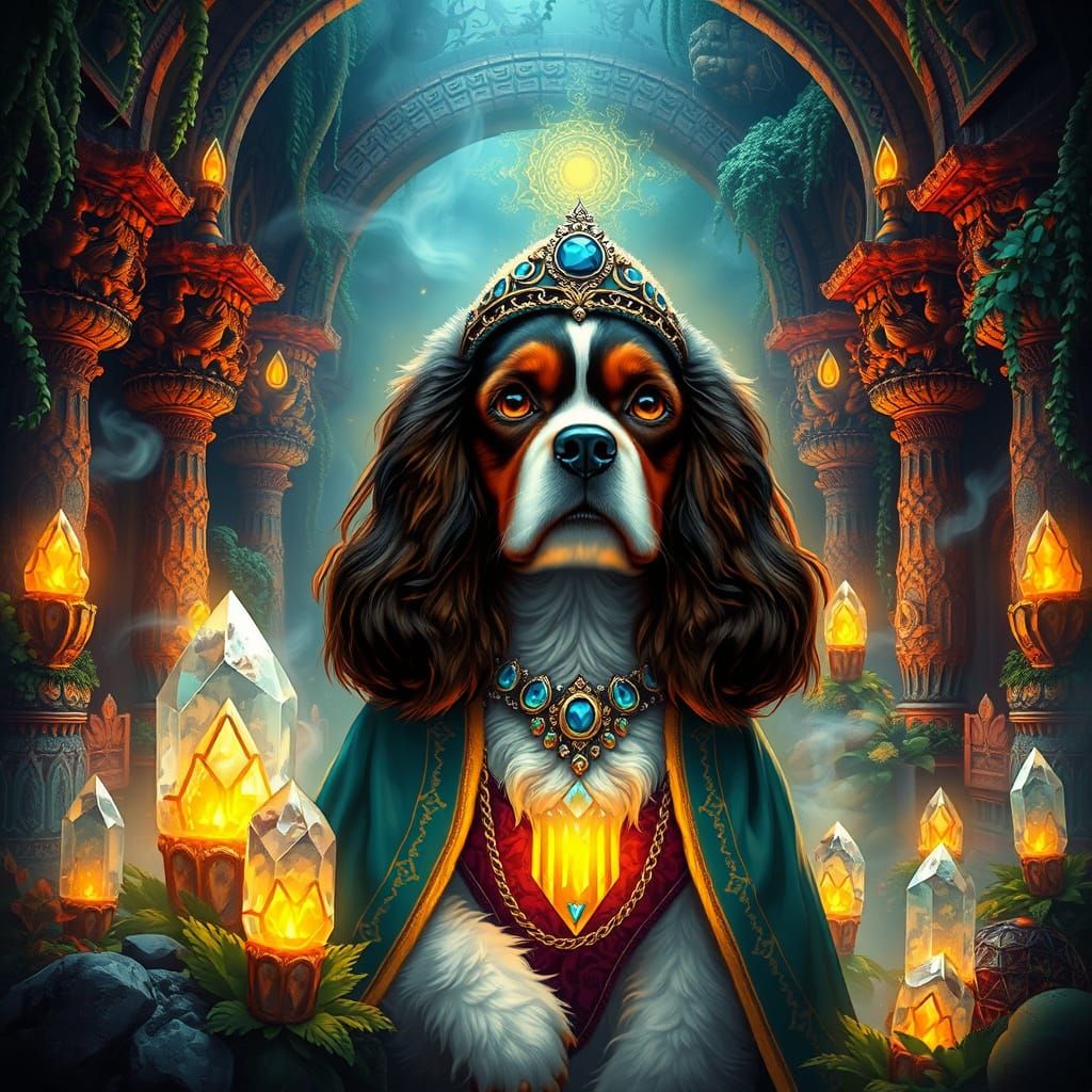 Mystical Cavalier King Charles Spaniel Oracle in Ancient Tem...