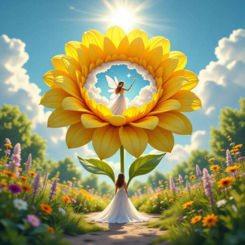 Fairy Painting Cloud in Magical Garden with Giant Flower