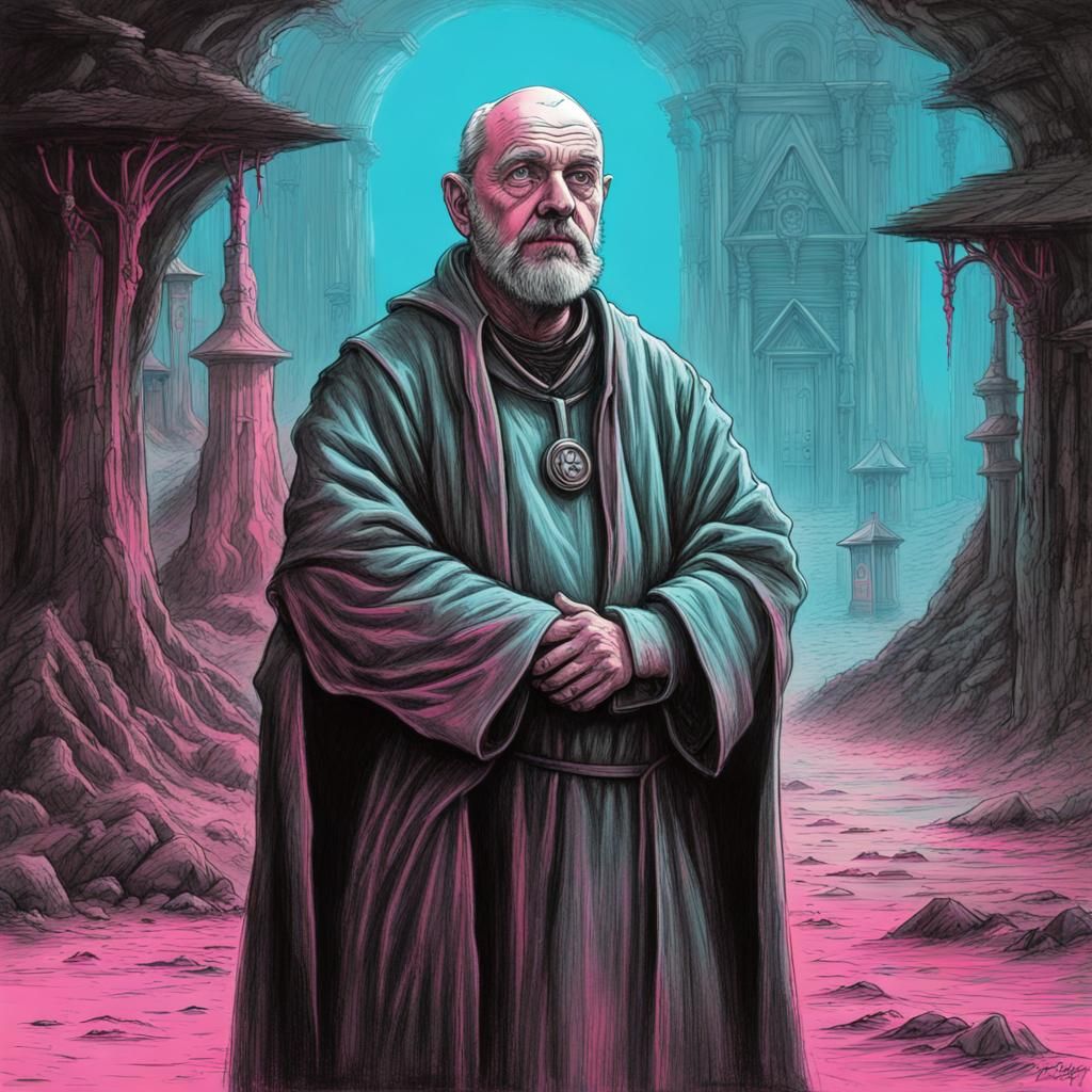 Friendly Monk in Eldritch Wastelands: Synthwave Horror Drawi...