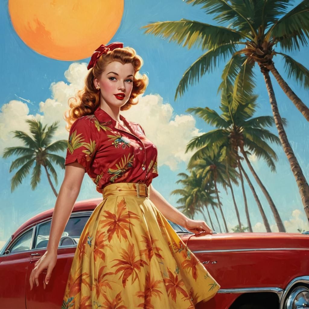Vintage Pin-Up Girl on Tropical Beach in Elvgren Style