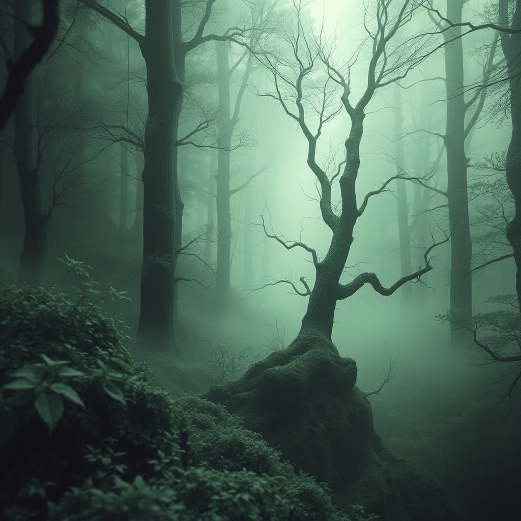 Surreal Monochrome Landscape in Muted Green Hues