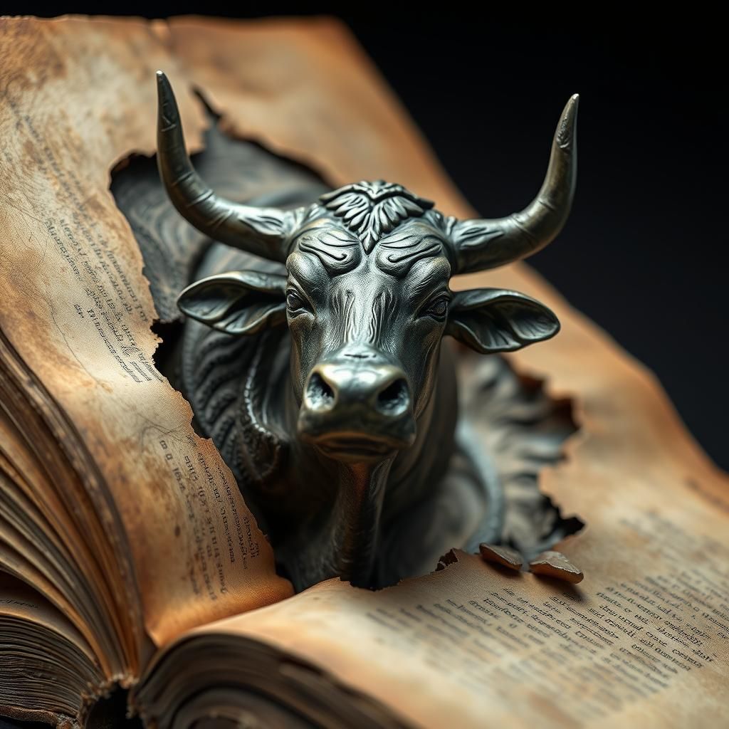 Bronze Cow Emerges from Book in Bas-Relief