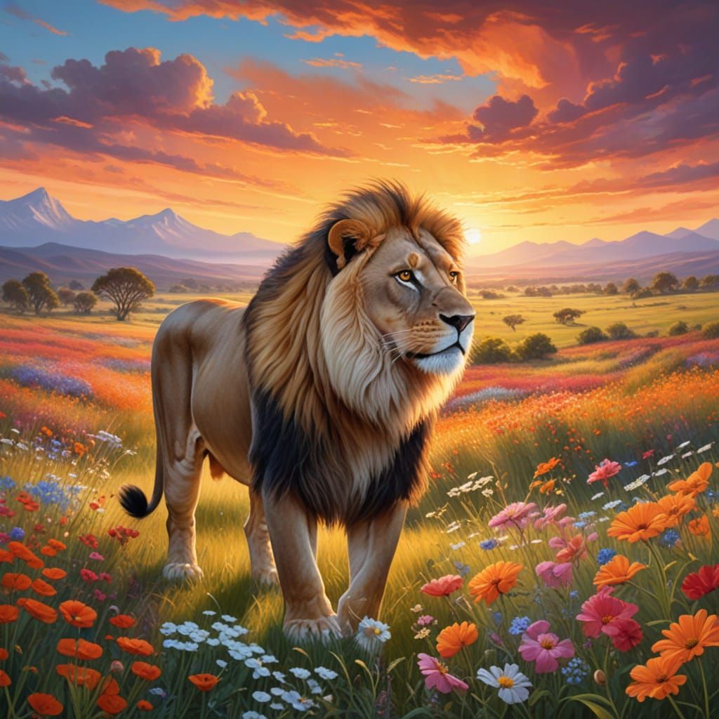Lion in Wildflower Field at Sunset