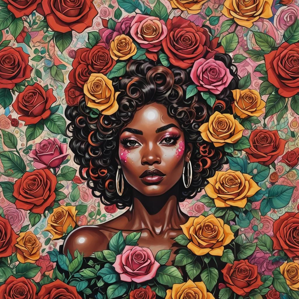 Surrealist Ink Drawing: Melanin, Roses, and Vivid Colors