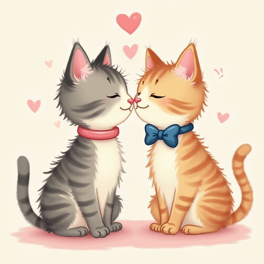 Cats Kissing in Portrait Illustration Style