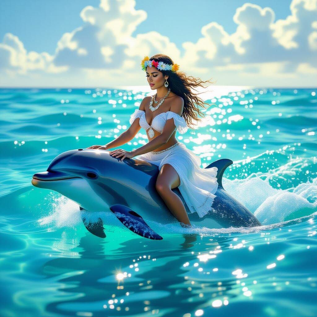 Tahitian Woman Rides Dolphin in Astral Seas