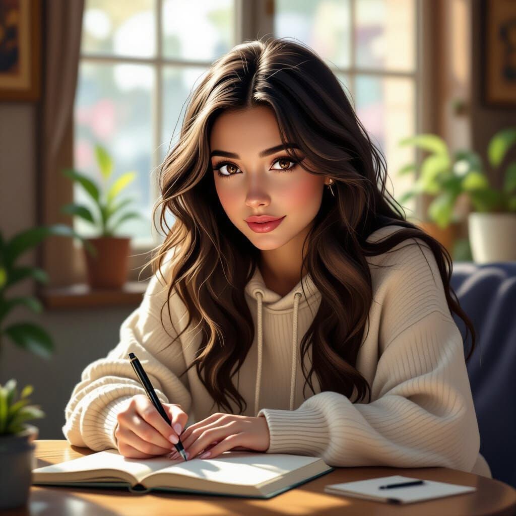 Young Woman Writing Stories in Cozy Outfit