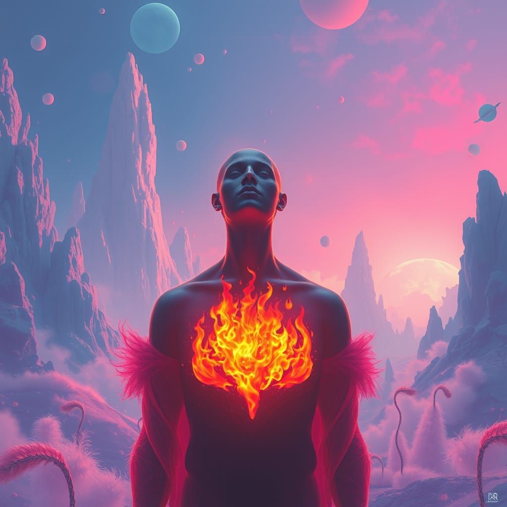 Flaming Figure in Surreal Ethereal Landscape