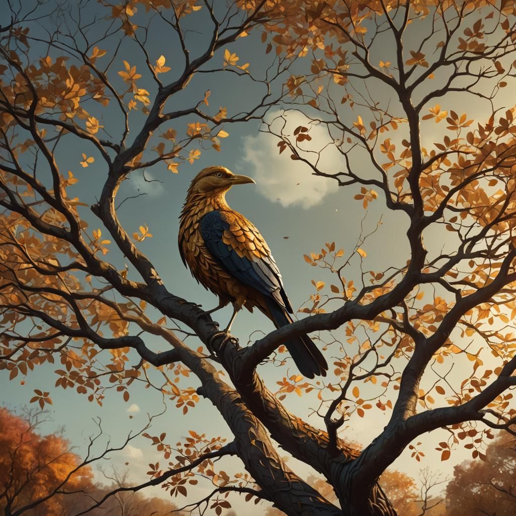Autumn Tree and Bird in Fantasy Digital Art