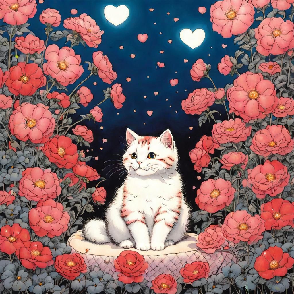 Cute Cat Surrounded by Flowers in Otomo Style