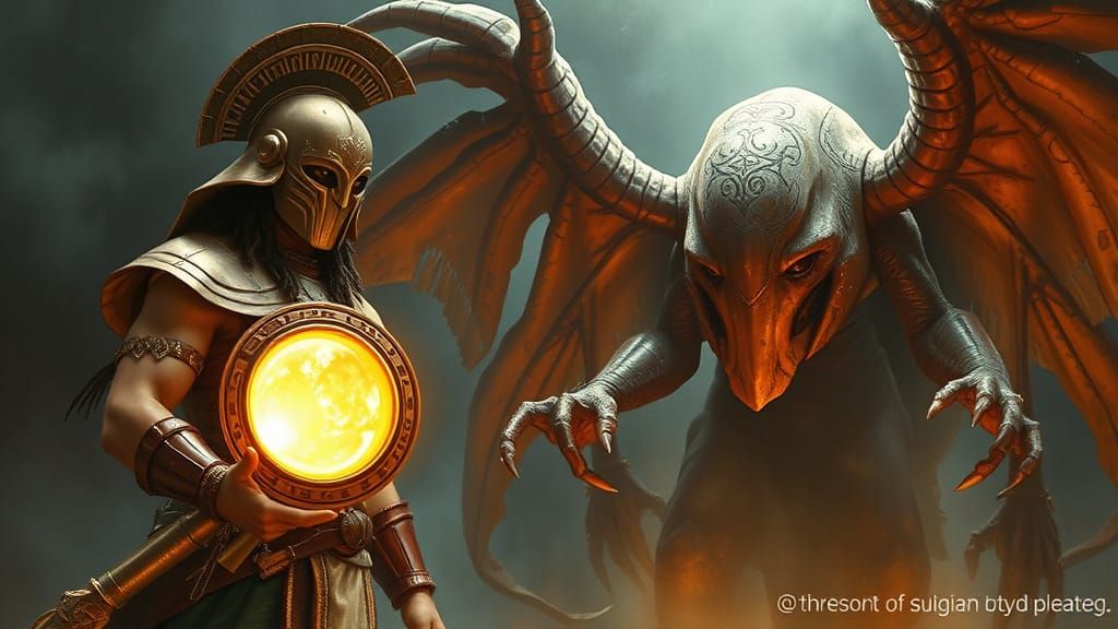 Ancient Warrior Confronts Dark God in Cyberpunk Sumerian Arm...