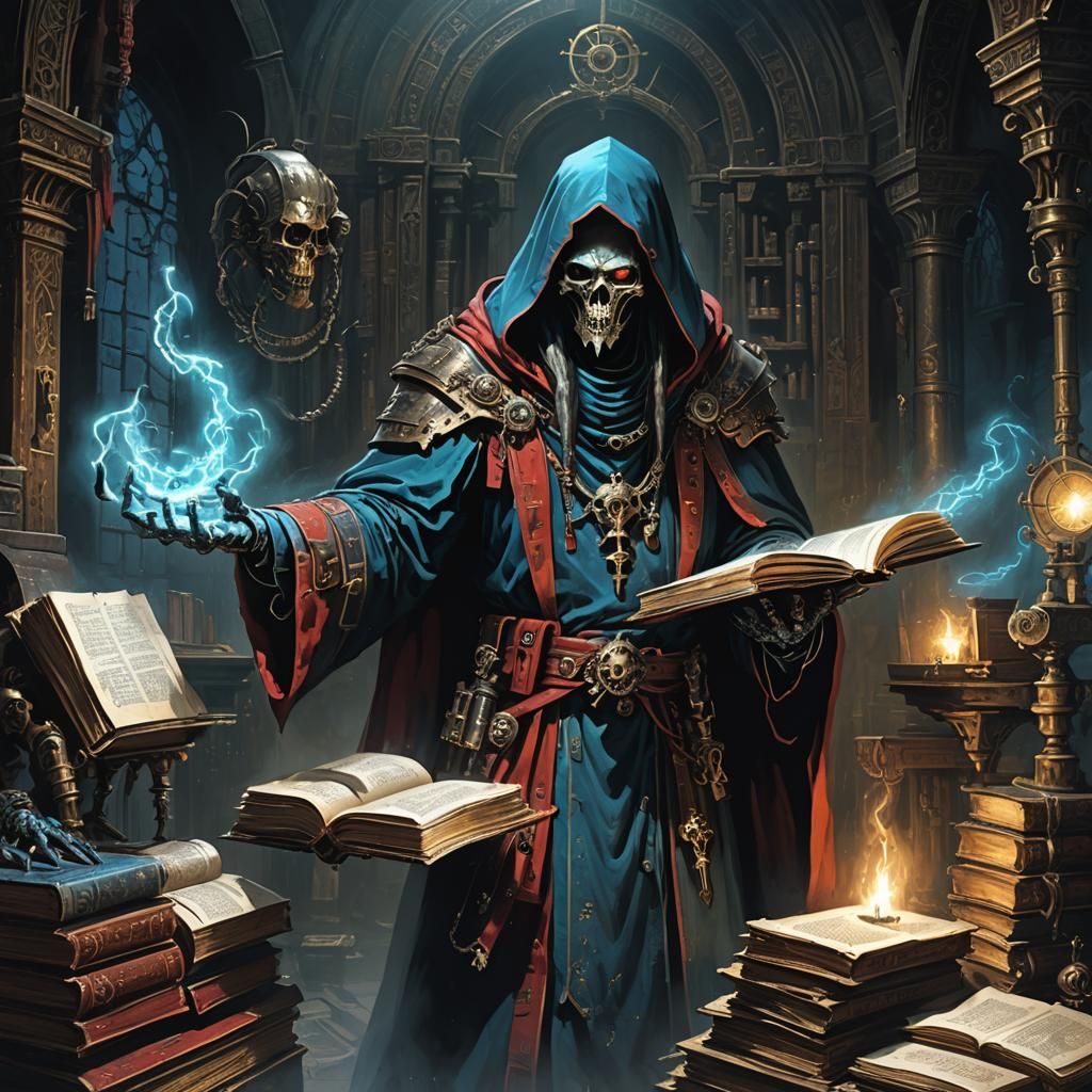 Grimdark Tech-Priest Examines Ancient Texts