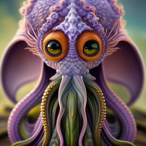 Baby Cthulhu Portrait with Sun Hat, Detailed Painting