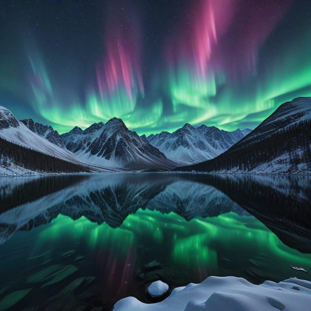 Aurora Borealis Lights Up Mountain Lake