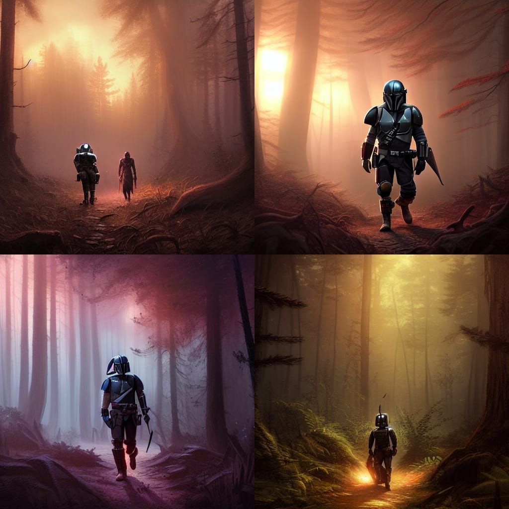 Mandalorian in Dark Forest: Detailed Matte Painting
