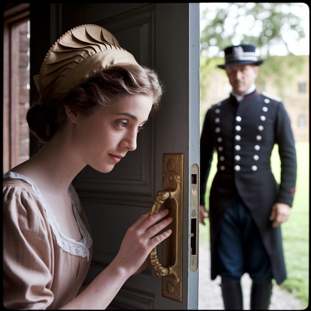 19th Century Crossdresser at Villa Door: Cinematic Still