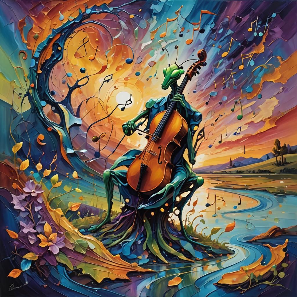Praying Mantis Surrealism with Cello and Music