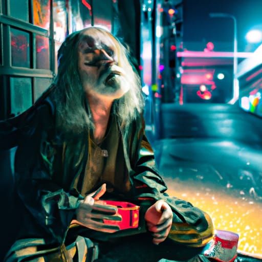 Cyberpunk: Homeless Man Begging in Neo Tokyo