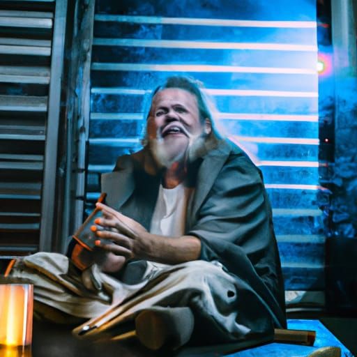 Cyberpunk Beggar in Neo Tokyo Street Scene