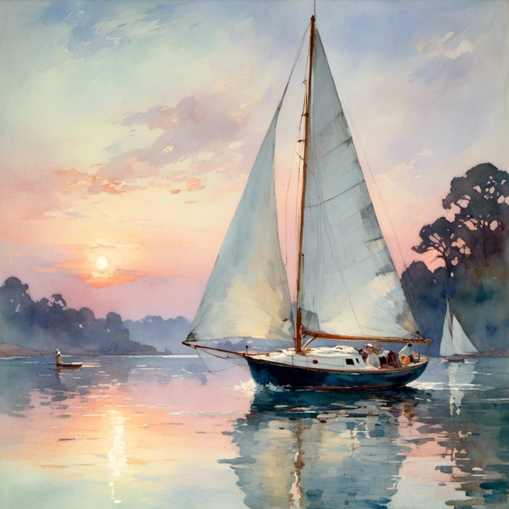 Classic Sailboat Navigating Calm Waters: Impressionist Water...
