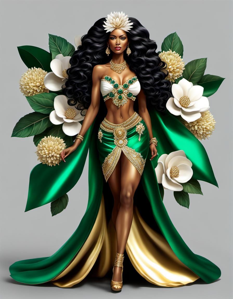 Golden Woman with Flowers and Emeralds