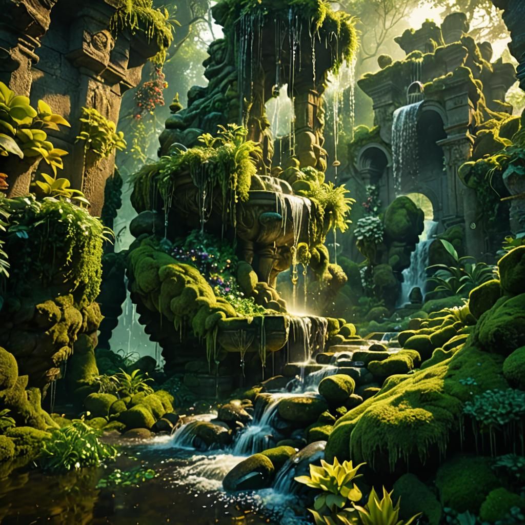 Mystical Fountain Overflowing in Forgotten Garden