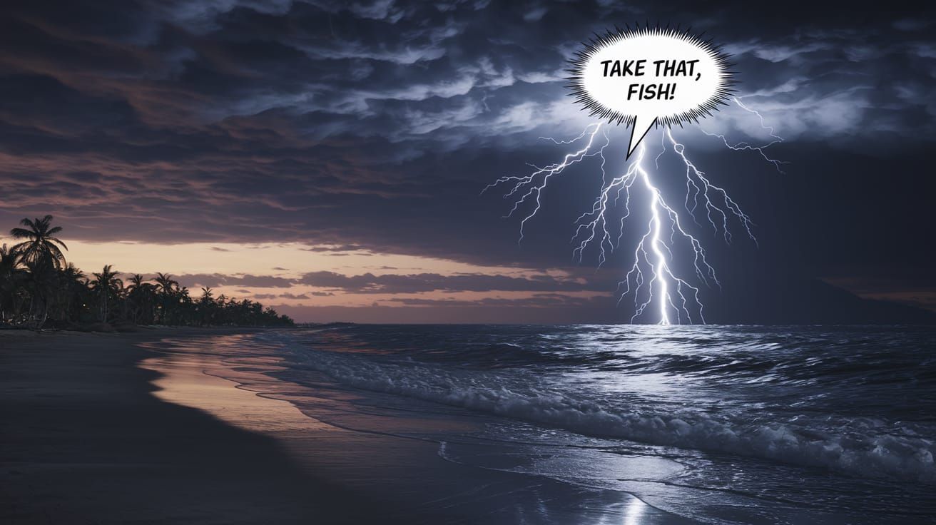 Epic Beach Storm Unleashes Lightning Fury in Cartoonish Clas...