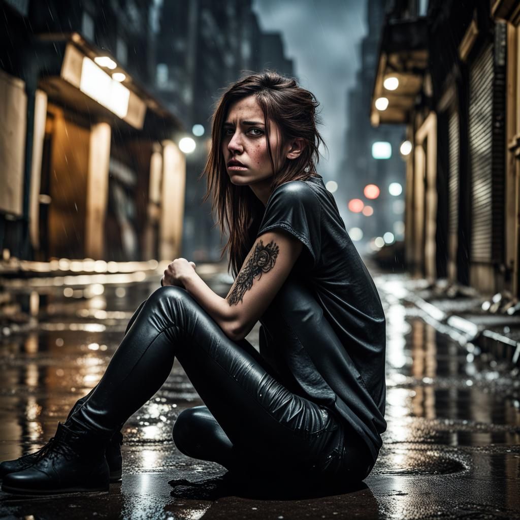 Crying Girl in Rainy Street: Hyperrealistic Rendering