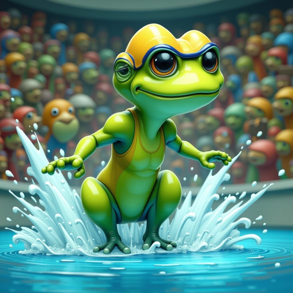 Frog Olympics Diving Champion in Cartoon Style