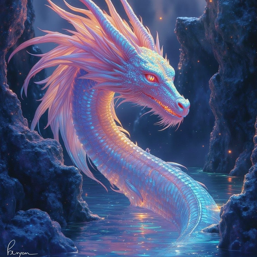 Bioluminescent Dragon Exploring Sunken Temple in Watercolor