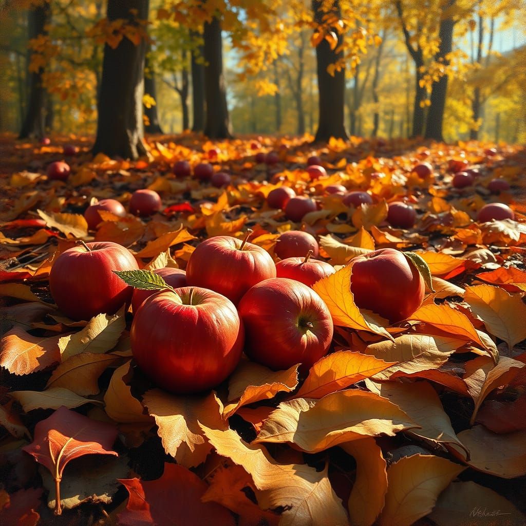 Apples in Autumn Forest, Impressionist Style
